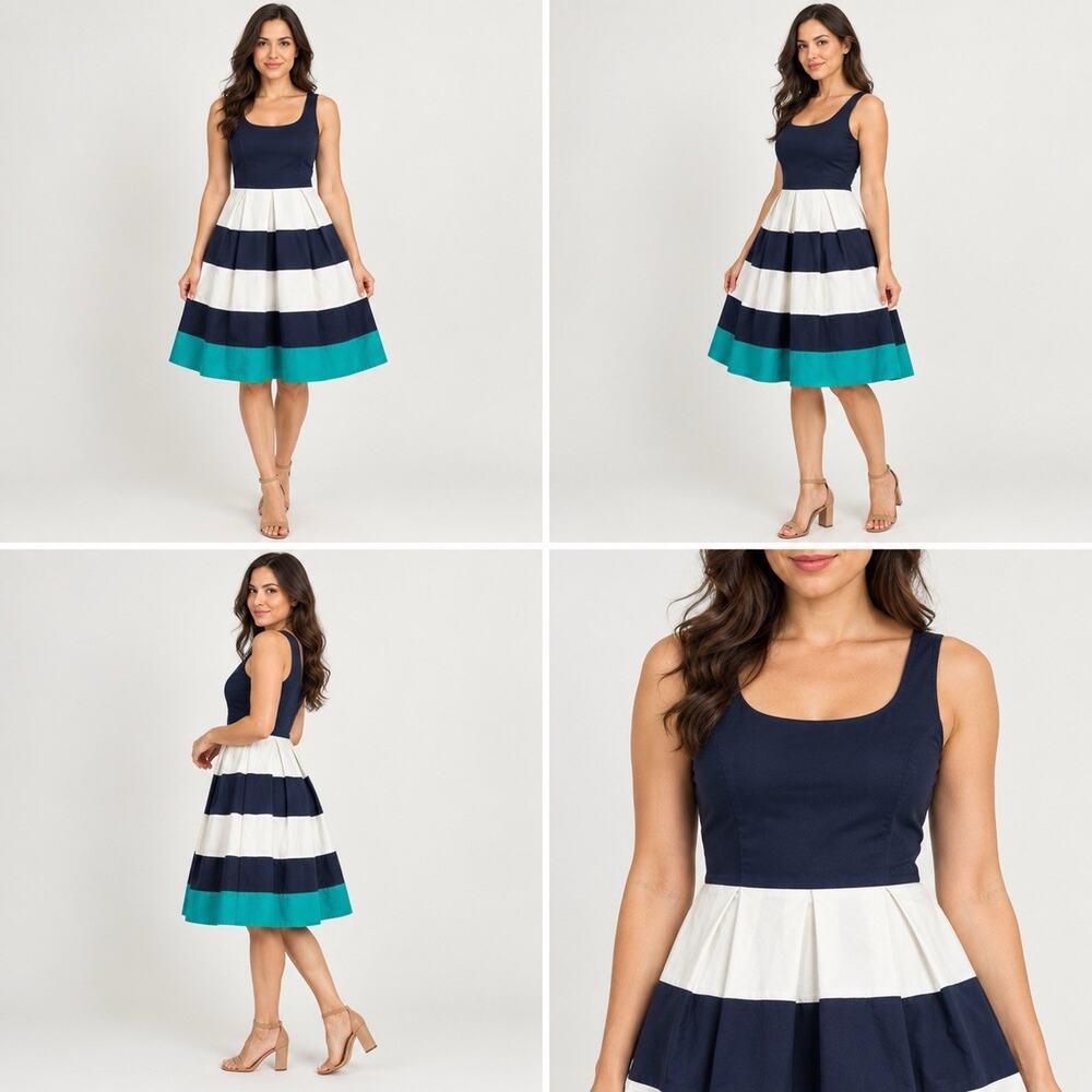 Banana Republic Dress Womens 6 Navy White Teal Striped Sleeveless Fit Flare